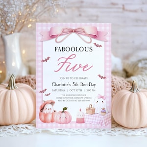 Rosa Halloween 5-årsdagsinbjudan, Faboolous Five Bu-dagsfestinbjudan, utskrivbar läskig födelsedag, redigerbar mall, direktnedladdning