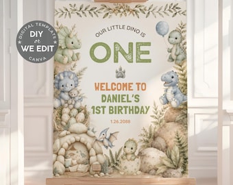 Dinosaur 1st Birthday Welcome Sign, Dino Birthday Party Poster, One A Saurus Birthday Sign, Jurassic Welcome Board, Editable Canva Template