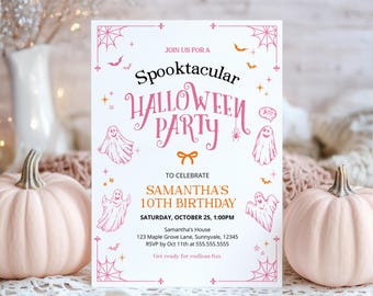 Editable Pink Halloween Birthday Invitation, Spooktacular Birthday Invite, Halloween Ghost Party Invite, Pink Spooky Birthday Invitation