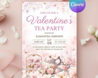 Valentine's Day Tea Party Invitation, Galentines Brunch Invite, Pink Floral Afternoon Tea, Ladies Lunch Par-tea, Editable Canva Template