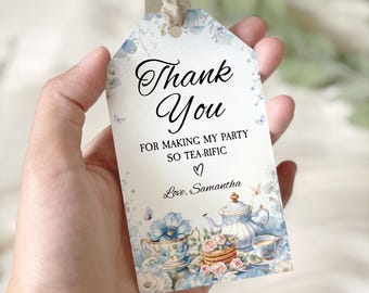 Blue Floral Tea Party Favor Tag, Wildflower Birthday Tea Party Thank You Gift Tag, Par-Tea Bridle Show Decor, Editable Template