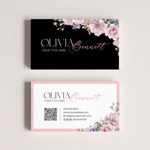Tarjeta de presentación floral rosa editable con código QR para salón de belleza, plantilla de tarjeta de presentación moderna para esteticista, tarjeta de presentación floral de floristería bohemia.