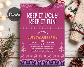 Ugly Sweater Party Invitation, Christmas Sweater Party Invite, Tacky Sweater Contest, Pink Xmas Party, Editable Template