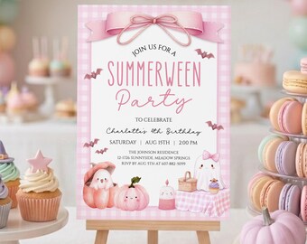 Summerween Birthday Invitation, Pink Summer Halloween Birthday Invite, Halfway to Halloween Girl Party, Pastel Ghost Editable Template