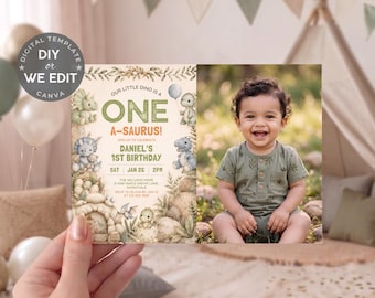 Dinosaur 1st Birthday Invitation with Photo, Editable Dino First Birthday Invite, One A Saurus Dinosaur Birthday for Boy, Jurassic Party