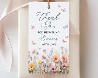 Wildflower Bridal Shower Gift Tag, Floral Baby Shower Favor Tag, Botanical Wedding Thank You Label, Bridal Brunch Decor, Editable Template