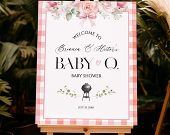 Cartello di benvenuto per baby shower con barbecue, poster Girl Baby Q, decorazioni per feste con granella di gingham rosa, modello modificabile, download digitale, PBQ