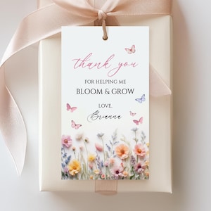 Étiquette-cadeau de remerciement modifiable pour enseignant de fin d'année fleurs sauvages, étiquette de remerciement M'aider à grandir, étiquette cadeau de remerciement pour enseignant floral papillon