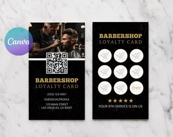 Plantilla de tarjeta de fidelización para barberos, tarjeta de sellos para barbería, tarjeta de descuento para estilistas, tarjeta VIP de recompensas negra, editar en Canva