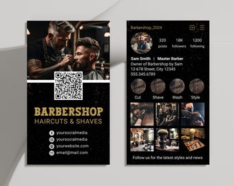 2024 Instagram Barbershop Business Card Template, Editable Black Gold Barber Business Card Design, Digital QR Code DIY Calling Card, Corjl