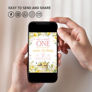 May include: A digital invitation for a first birthday party with a lemon theme. The invitation features a watercolor illustration of lemons, flowers, and butterflies. The text reads "She's a sweet one" and "Isabella's First Birthday". The date and time of the party are listed as "July 25, 2:PM".