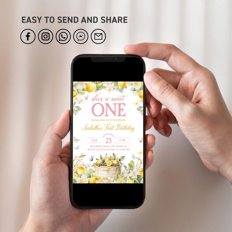 May include: A digital invitation for a first birthday party with a lemon theme. The invitation features a watercolor illustration of lemons, flowers, and butterflies. The text reads "She's a sweet one" and "Isabella's First Birthday". The date and time of the party are listed as "July 25, 2:PM".