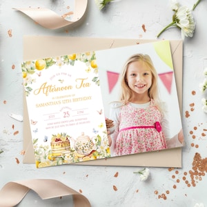 Convite editável para chá da tarde com flores de limão com foto, convite para chá da tarde de aniversário faça você mesmo, convite para festa no jardim com brunch de limonada de verão