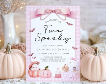 Two Spooky Birthday Invitation, Pink Halloween 2nd Birthday Invite, Girl Boo Day Party, Editable Template, Instant Download