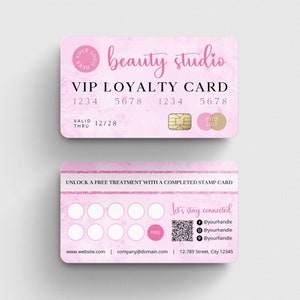 Modèle de tampon de carte de fidélité rose rose pour salon de beauté, carte de récompenses technique pour les ongles modifiable, carte de fidélité style carte de crédit SPA, carte perforée client