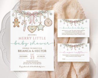 May include: A baby shower invitation with a festive design. The invitation features the text "Merry Little Baby Shower" and details for Brianca & Hector. Accompanying cards request books and a diaper raffle. The design includes gingerbread men and ornaments.