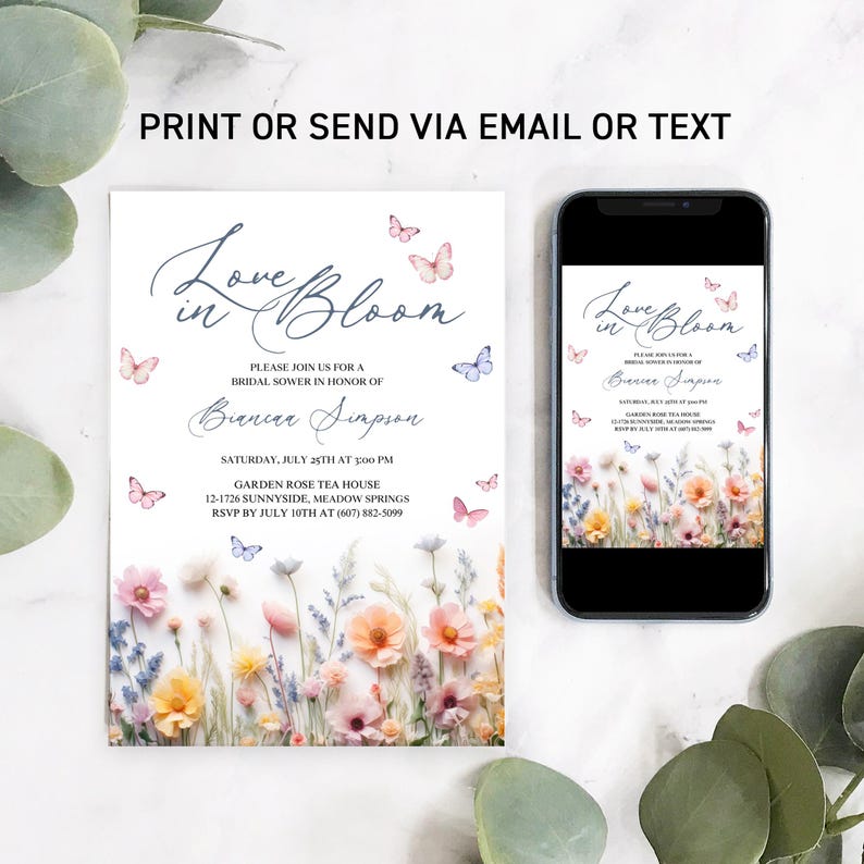 May include: A floral bridal shower invitation with butterflies and the text "Love in Bloom" and "Please join us for a bridal shower in honor of Bianca Simpson".