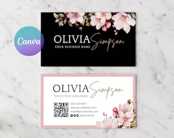 Vorlage für eine Visitenkarte mit Blumenmuster, Visitenkarte für einen Schönheitssalon mit Wildblumenmuster, Visitenkarte mit QR-Code für Kosmetikerinnen, bearbeitbare Canva-Vorlage
