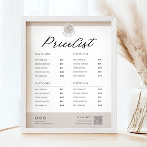 Könnte beinhalten: Ein gerahmter Preisliste mit dem Titel "Pricelist" in eleganter Schrift. Die Liste ist in Kategorien mit Servicepreisen unterteilt. Enthält einen QR-Code, um einen Platz zu reservieren, und Social-Media-Handles.