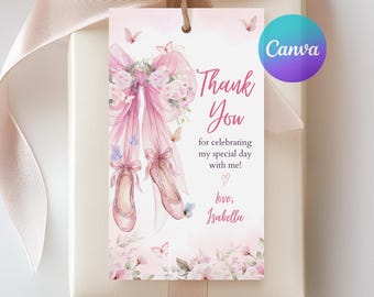 Tutu Cute Birthday Gift Tag, Ballet Party Favor Tag, Two Birthday Girl, Pink Bow Ballerina Party Decor, Editable Canva Template Printable