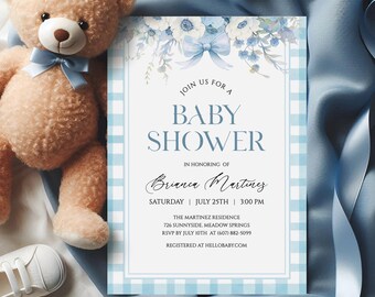 Blue Gingham Baby Shower Invitation, Floral Bow Baby Shower Invite, Baby Boy Sprinkle Party, Rustic Baby Q Template, Digital Download