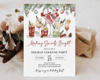 May include: A festive holiday cocktail party invitation. The invitation features a watercolor illustration of Santa Claus relaxing in a martini glass, surrounded by various cocktails. The text reads "Making Spirits Bright" and includes party details.