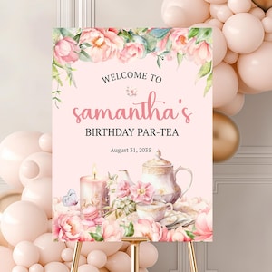 Editable Pink Floral Birthday Tea Party Welcome Sign, DIY Afternoon High Tea Party Welcome Poster, Digital Bridal Shower Garden Party Board