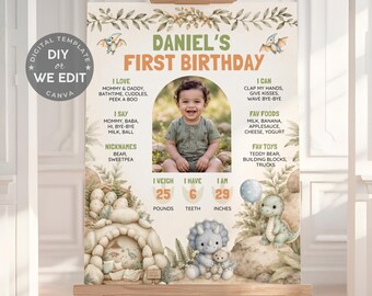 Dinosaur First Birthday Milestone Sign, Dino 1st Birthday Photo Sign, First Year Stats Poster, Jurassic Party Decor, Editable Canva Template