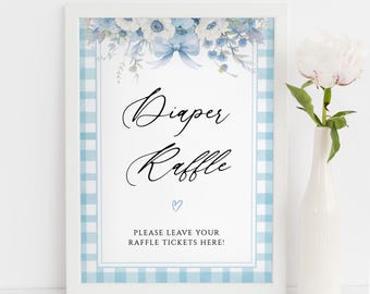 Blue Gingham Diaper Raffle Sign, Baby-Q Shower Diaper Game, Rustic Diaper Raffle Template, BBQ Baby Shower Game, Digital Download 5x7, 8x10
