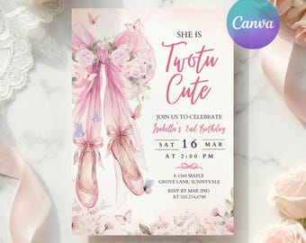 Tutu Cute Birthday Invitation, Pink Bow Ballet Birthday Invite, Two Tu Cute 2nd Bday, Ballerina Party, Editable Canva Template