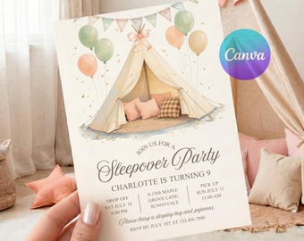 Sleepover Birthday Party Invitation, Girls Slumber Party Invite, Pajama Party, Glamping Birthday Digital Download, Editable Canva Template