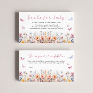 Bearbeitbare Wildblumen-Babypartybücher für Babykartenvorlage, Schmetterlings-Blumenwindel-Verlosungskarte, DIY-Wildblumen-Babyparty-Einlegekarte