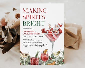 Christmas Cocktail Party Invitation, Santa Martini Adult Holiday Party Invite, Making Spirits Bright, Editable Digital Template