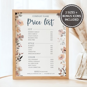 Bewerkbare boho bloemen prijslijst- en prijstabelsjabloon voor kleine bedrijven, afdrukbare moderne wilde bloemen schoonheidssalon prijsmenubord