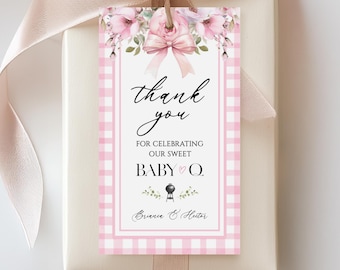 BBQ Baby Shower Favor Tag, Baby Q Shower Thank You Tag, Pink Floral Gingham Sprinkle Party Decor, Digital Download, Editable Template, PBQ