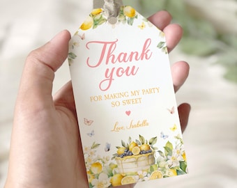 Lemon Thank You Tag, Floral Citrus Party Favor, Girl Lemonade Birthday Gift Tag, Lemon Party Decor, Digital Download, Editable Template