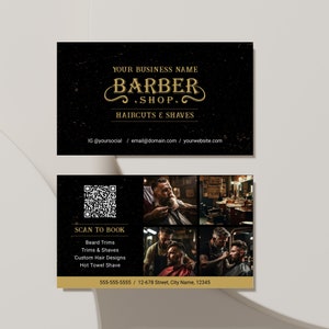 Modelo de cartão de visita de barbeiro preto e dourado, cartão de visita de barbearia editável com código QR, cartão de visita personalizado para salão de cabeleireiro digital faça você mesmo