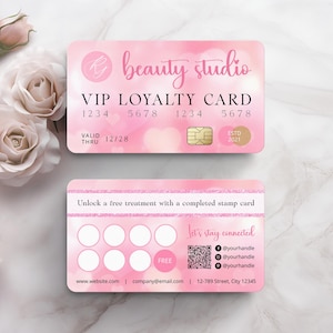 Modelo de cartão de fidelidade de aura de coração rosa editável para salão de beleza SPA, cartão de recompensas VIP de tecnologia de unhas, cartão de desconto de maquiagem faça você mesmo, cartão perfurado de cílios para cabelos