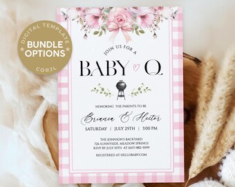 Pink Gingham Baby Q Shower Invitation Bundle, Floral BBQ Baby Shower Invite Set, Sprinkle Welcome Sign, Favor Tags, Editable Templates, PBQ
