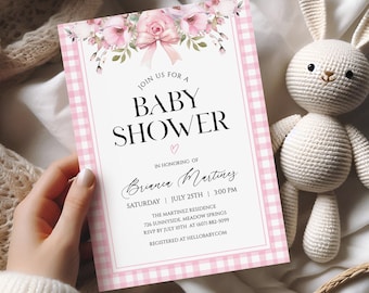 Pink Gingham Baby Shower Invitation, Floral Sprinkle Party Invite, Rose Baby Girl Shower, Digital Download, Editable Template, PGB