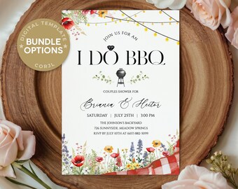 I Do BBQ Invitation Bundle, BBQ Couples Shower Invite Set, Wildflower Backyard Wedding Welcome Sign, Rustic Favor Tags, Editable Templates