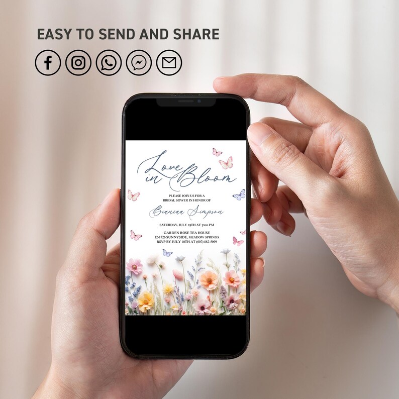 May include: A digital invitation for a bridal shower with a floral design and the text "Love in Bloom" and "Please join us for a bridal shower in honor of Bianca Simpson".