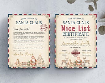 May include: Two festive Christmas documents. One is a letter from Santa Claus, the other a Nice List certificate. Both feature a vintage design with red, white, and blue borders. The certificate is signed and dated.