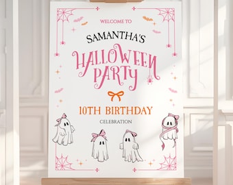 May include: A white sign on an easel with the text "Welcome to Samantha's Halloween Party 10th Birthday Celebration." The sign has pink accents, spiderwebs, bats, and illustrations of ghosts with bows.