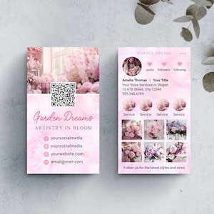 Biglietto da visita Instagram con codice QR modificabile per rose rosa, per salone di bellezza, biglietto da visita Instagram per fiorista fai da te, biglietto da visita Flora Nail Lash Tech