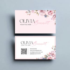 Editable Pink Floral Business Card QR Code for Beauty Salon, DIY Esthetician Modern Business Card Template, Boho Florist Flower Calling Card