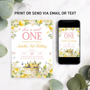 May include: A printable invitation for a first birthday party with a lemon theme. The invitation features a watercolor illustration of a lemon cake with butterflies and flowers. The text on the invitation reads "She's a sweet one" and "Isabella's First Birthday".