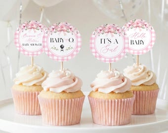 BBQ Baby Shower Cupcake Toppers, Baby Q Sprinkle Party Decor, Pink Gingham Floral Toppers, Instant Download, Editable Corjl Template, PBQ