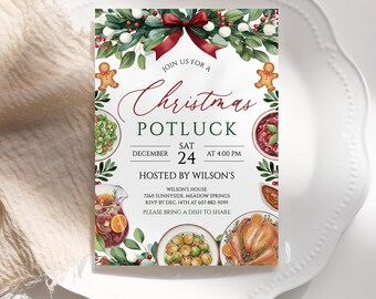 Pastel Christmas Potluck Invitation, Friendsmas Party Invite, Family Gathering, Holiday Dinner Party, Editable Digital Template