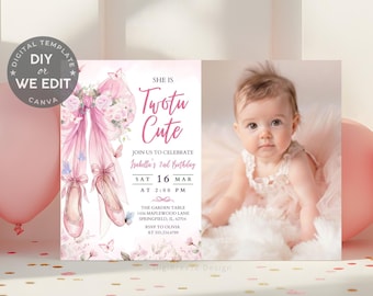 Ballet Birthday Photo Invite, Tutu Cute Birthday Invitation with Picture, Pink Coquette Ballerina Party, Editable Canva Template